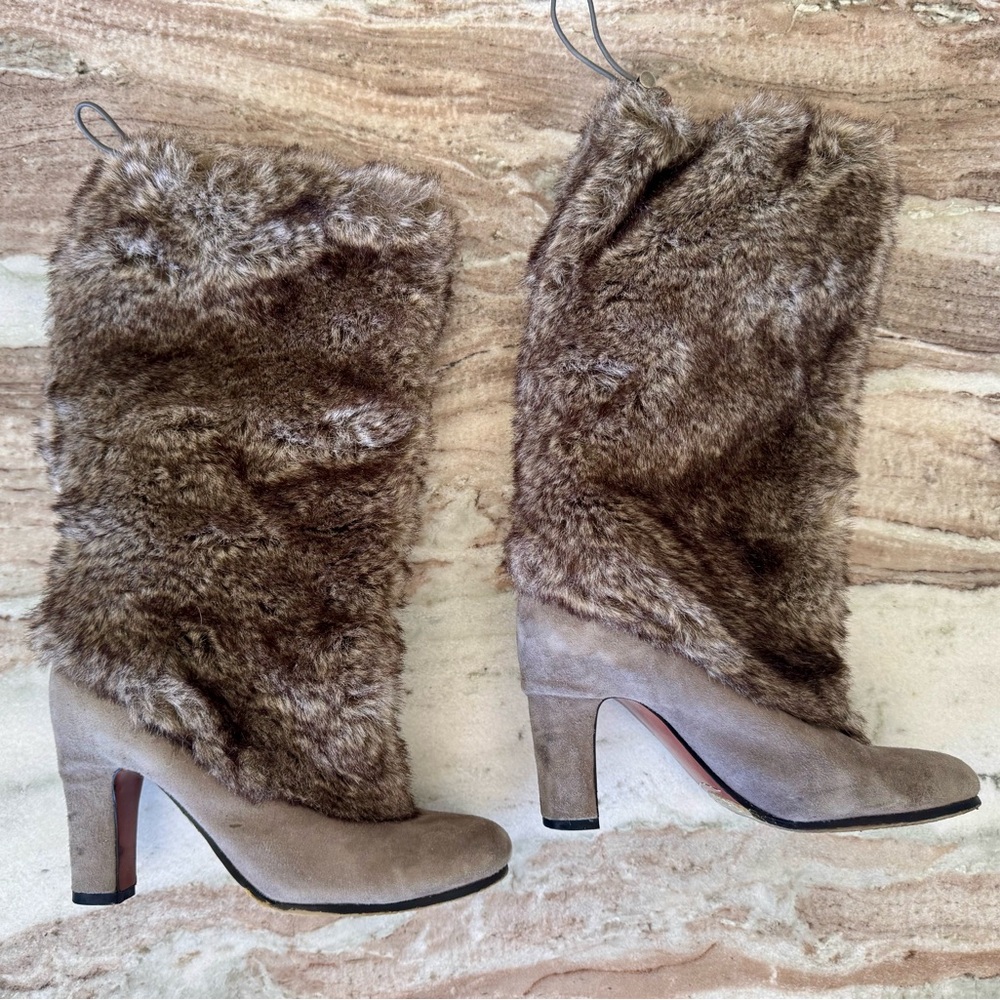Faux Fur High Heel Boots - Brown